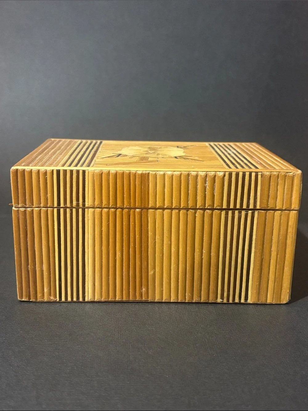 Vintage bamboo floral inlay trinket holder jewelry box velvet lined handmade
